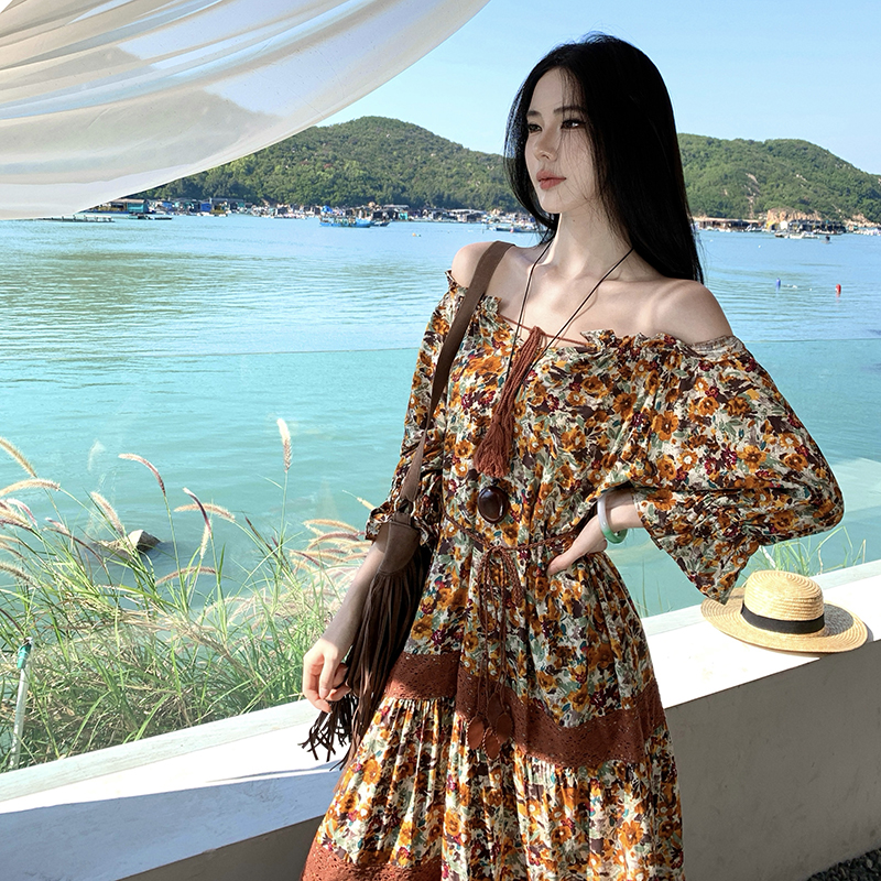 Retro long sleeve floral large yard tassels dress