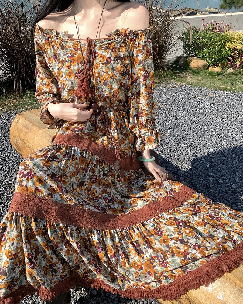 Retro long sleeve floral large yard tassels dress