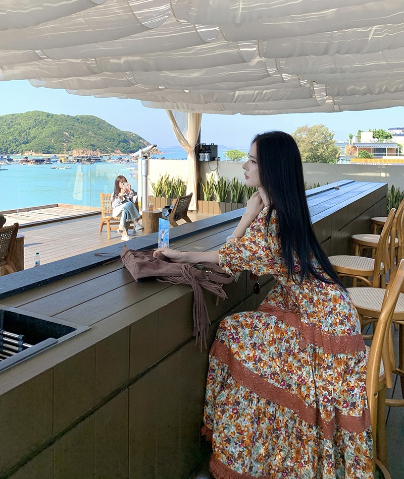 Retro long sleeve floral large yard tassels dress