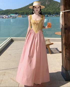 Halter splice retro mixed colors sling dress