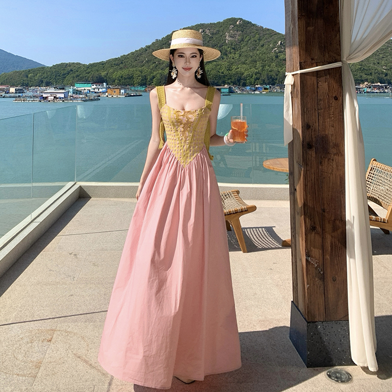 Halter splice retro mixed colors sling dress