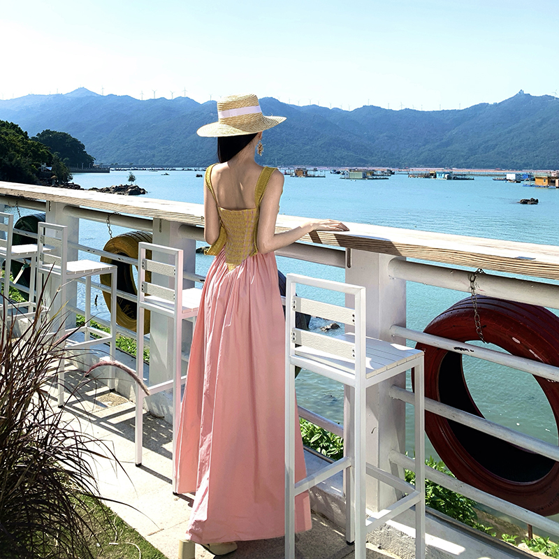 Halter splice retro mixed colors sling dress