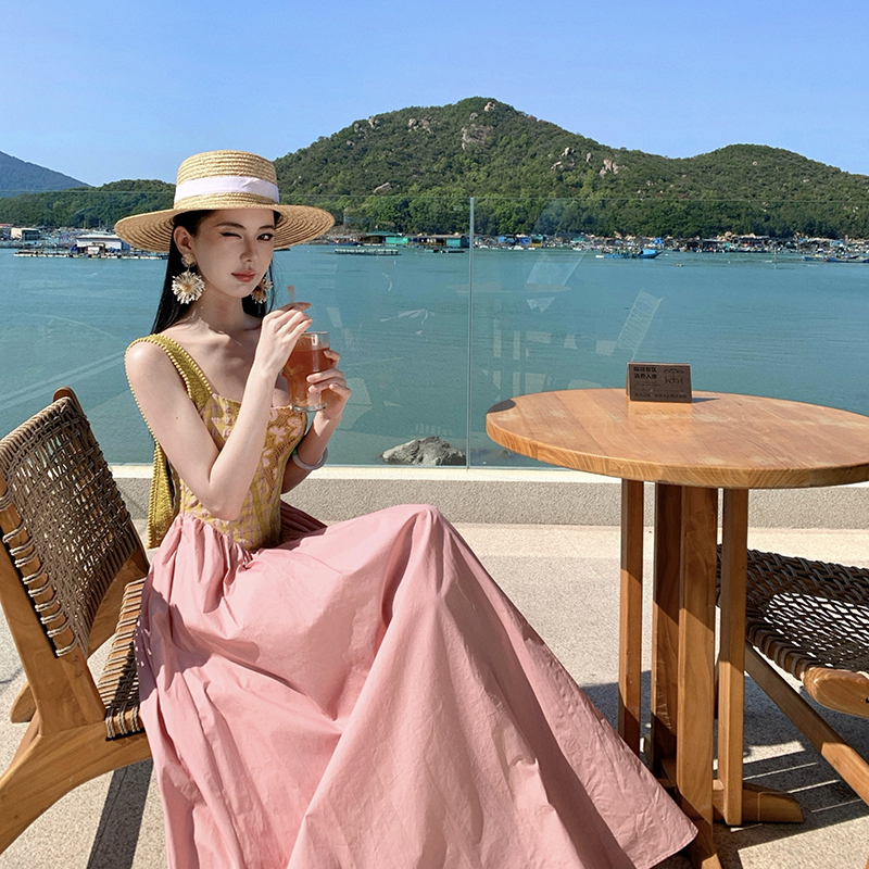 Halter splice retro mixed colors sling dress