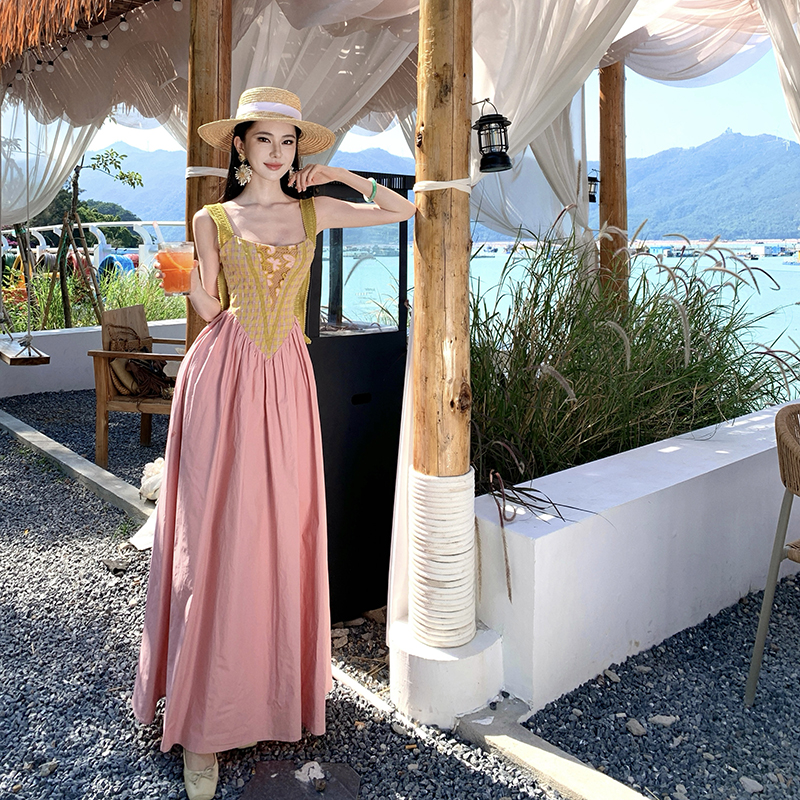 Halter splice retro mixed colors sling dress