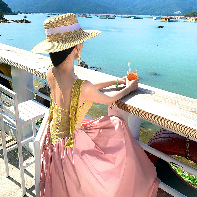 Halter splice retro mixed colors sling dress