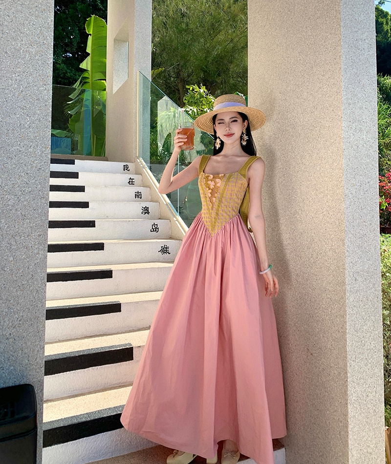 Halter splice retro mixed colors sling dress