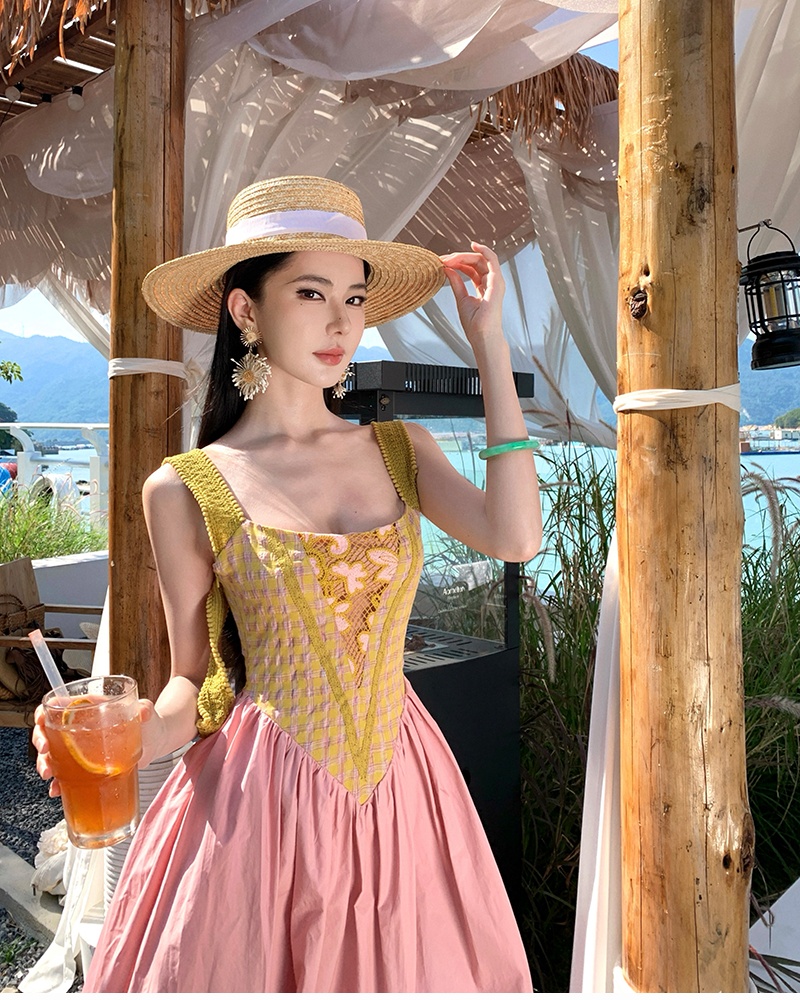 Halter splice retro mixed colors sling dress