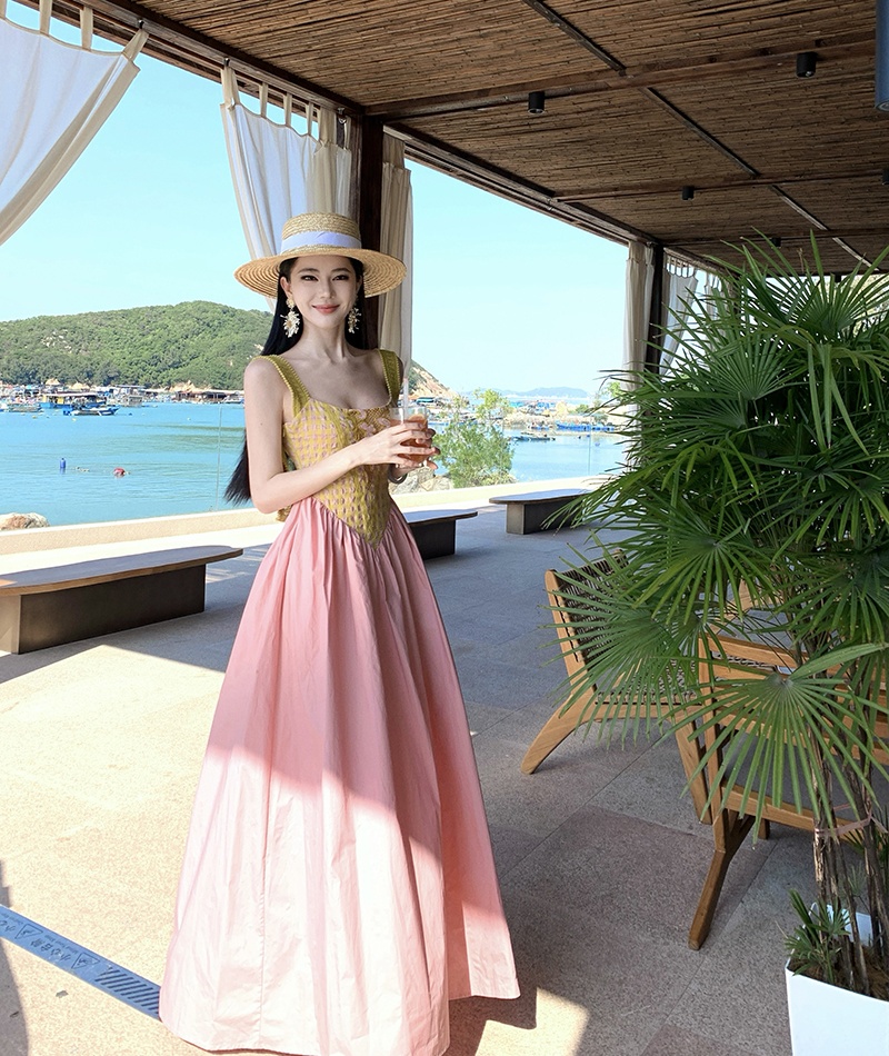 Halter splice retro mixed colors sling dress