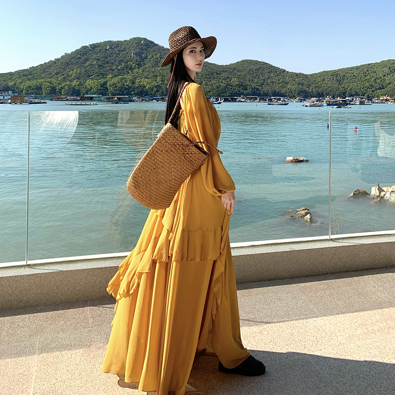 Vacation lotus leaf edges long dress chiffon dress