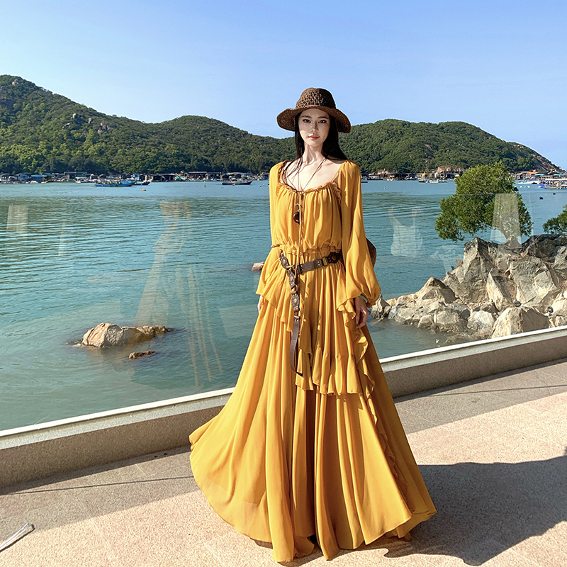 Vacation lotus leaf edges long dress chiffon dress