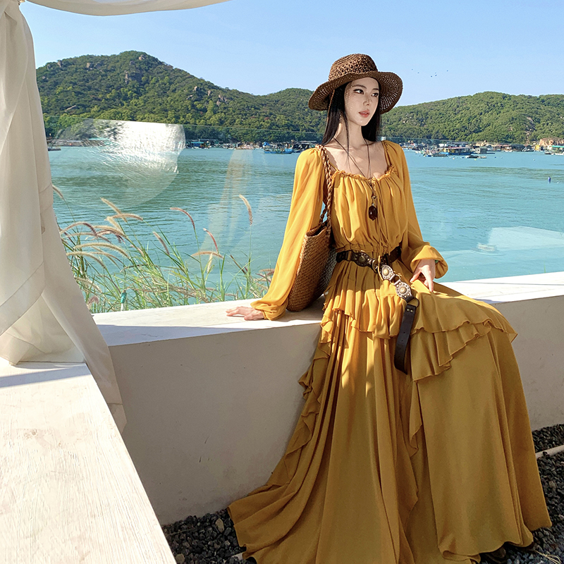 Vacation lotus leaf edges long dress chiffon dress