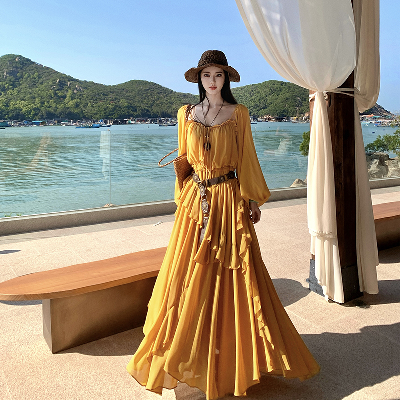 Vacation lotus leaf edges long dress chiffon dress