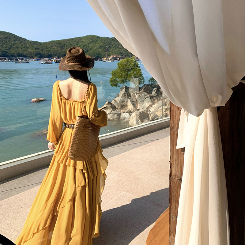 Vacation lotus leaf edges long dress chiffon dress