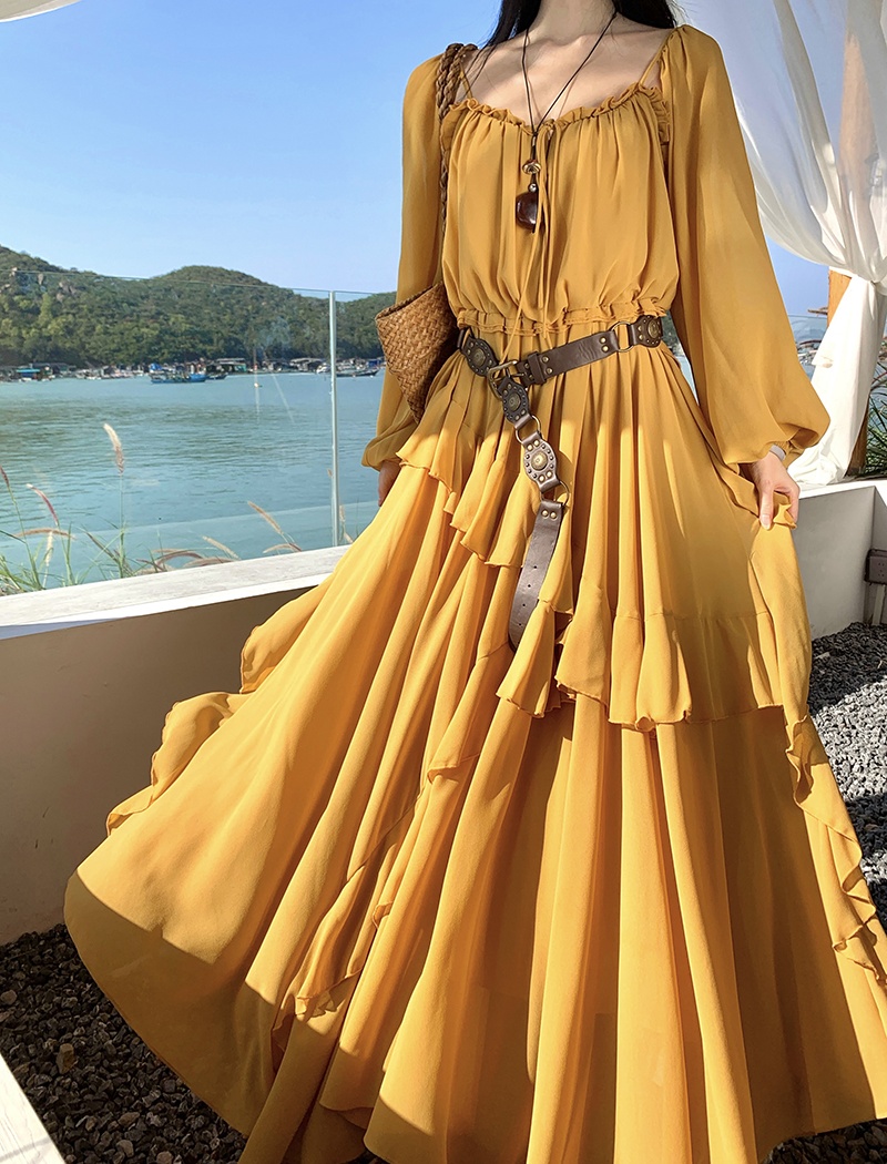 Vacation lotus leaf edges long dress chiffon dress