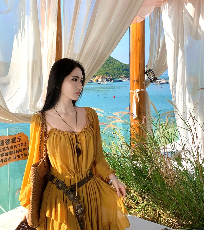 Vacation lotus leaf edges long dress chiffon dress