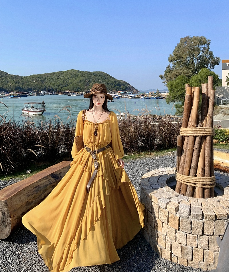 Vacation lotus leaf edges long dress chiffon dress