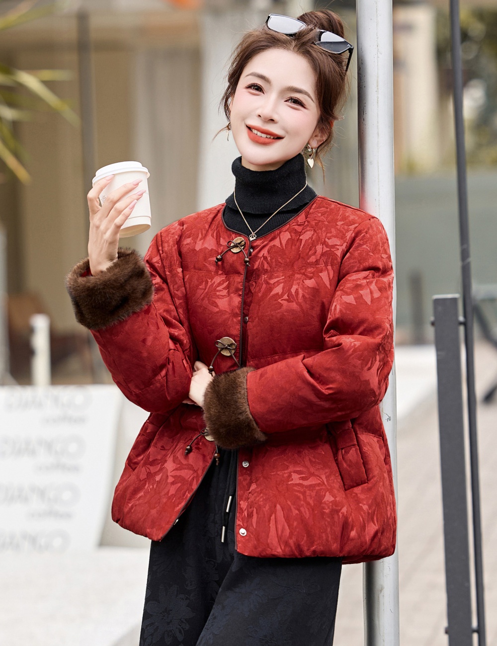 Winter retro fashion down coat slim jacquard coat for women