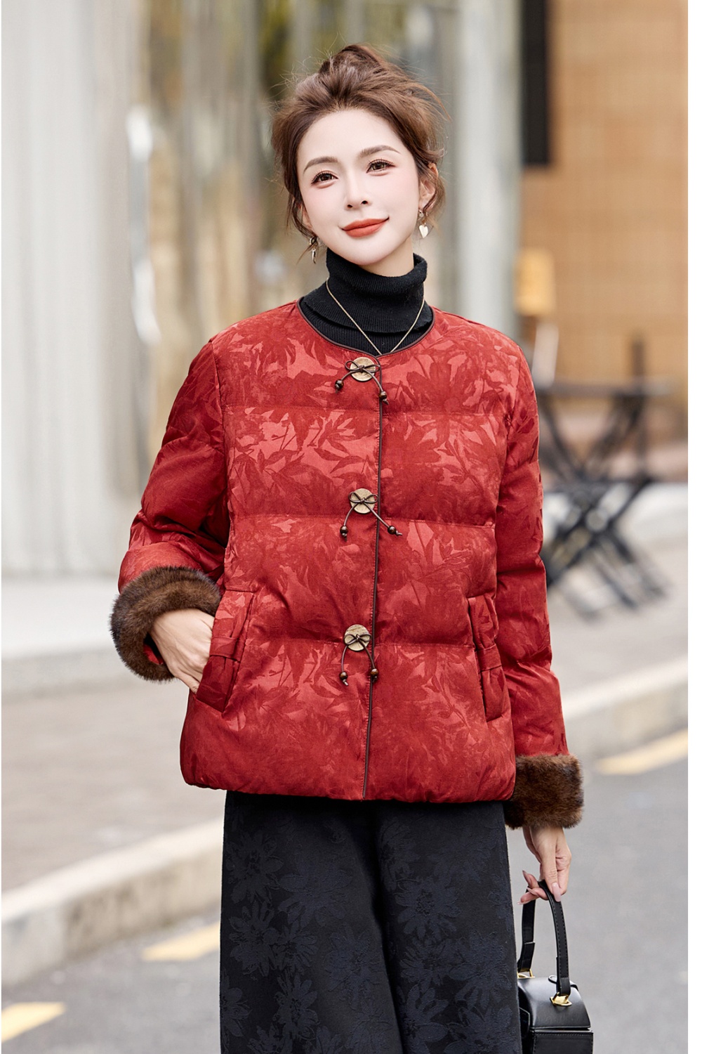 Winter retro fashion down coat slim jacquard coat for women