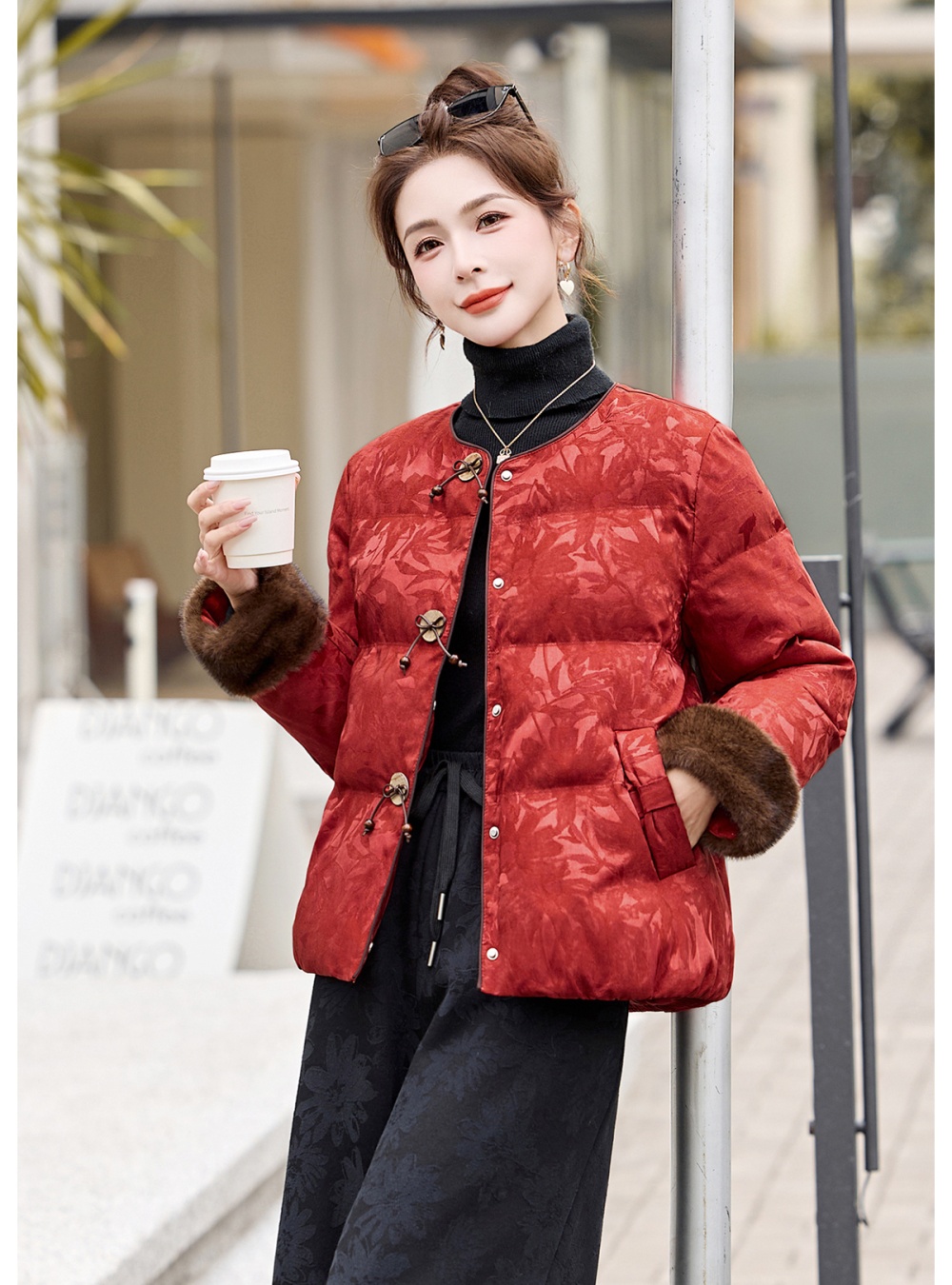 Winter retro fashion down coat slim jacquard coat for women