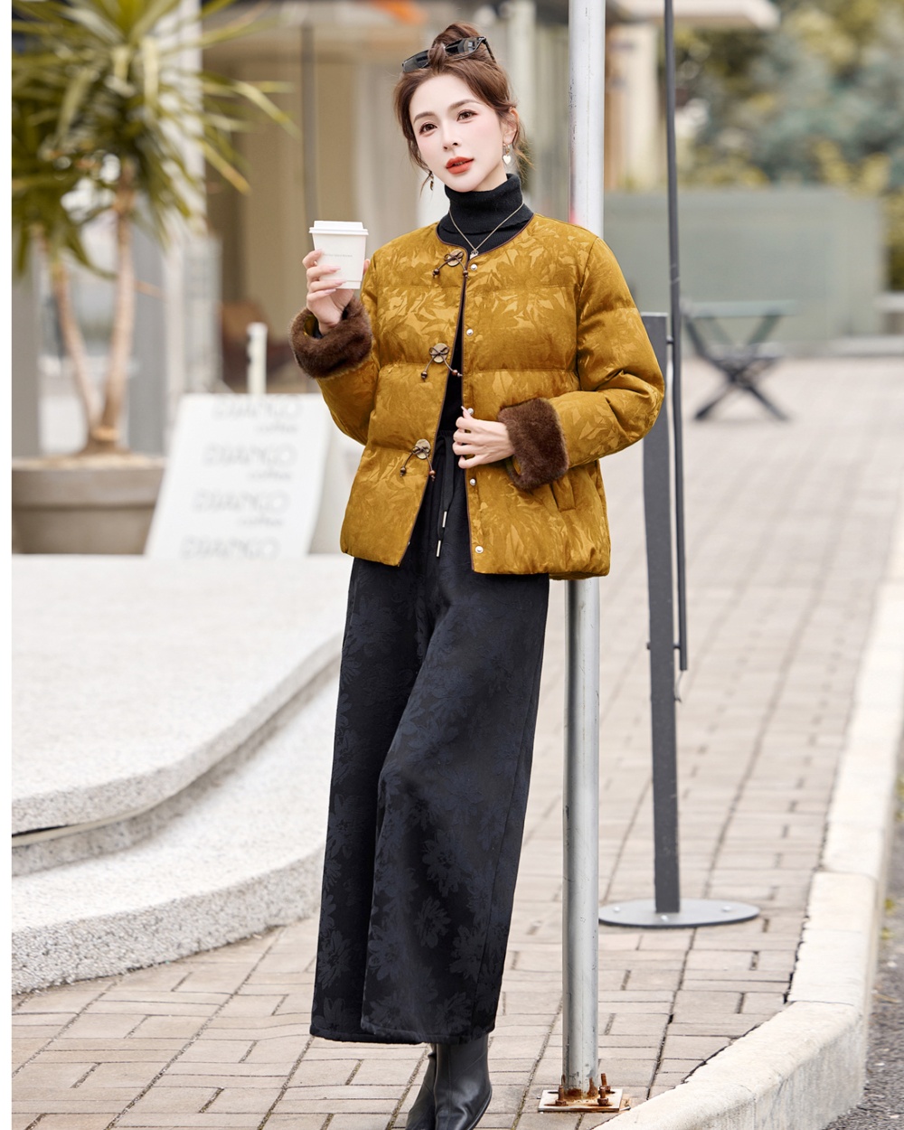 Winter retro fashion down coat slim jacquard coat for women
