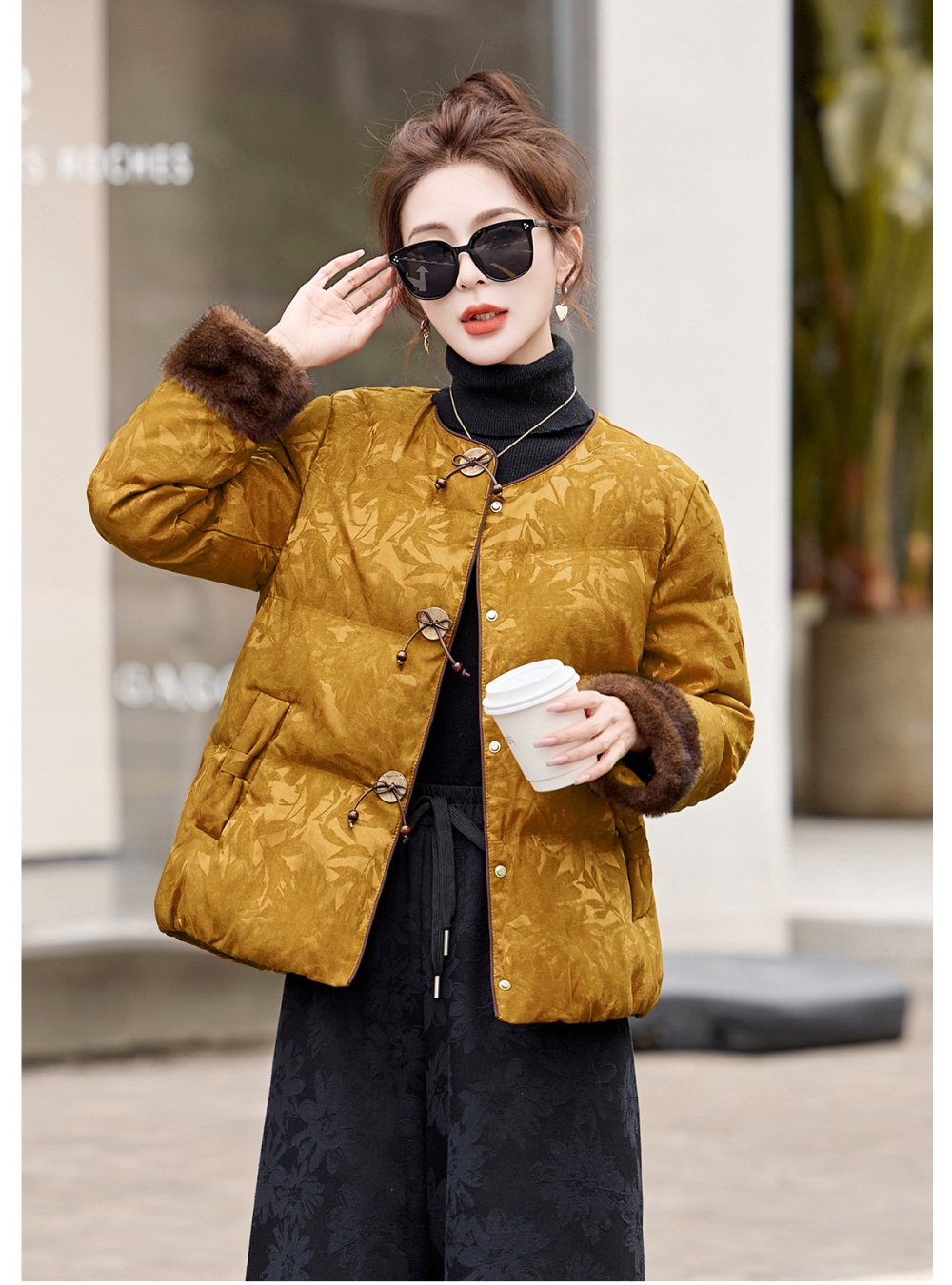 Winter retro fashion down coat slim jacquard coat for women