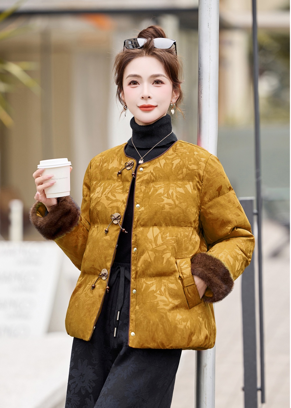 Winter retro fashion down coat slim jacquard coat for women