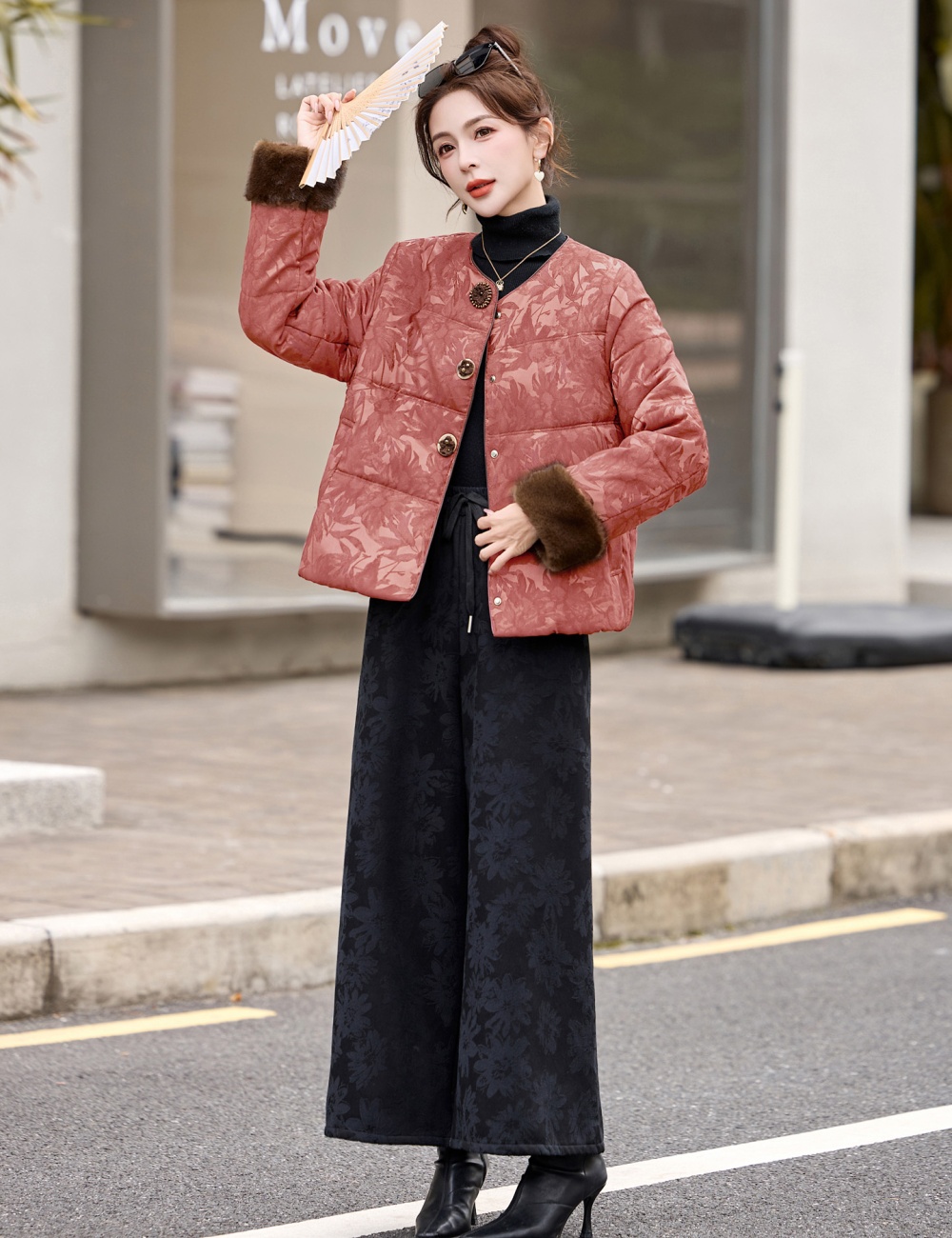 Chinese style down coat wide leg pants a set for women