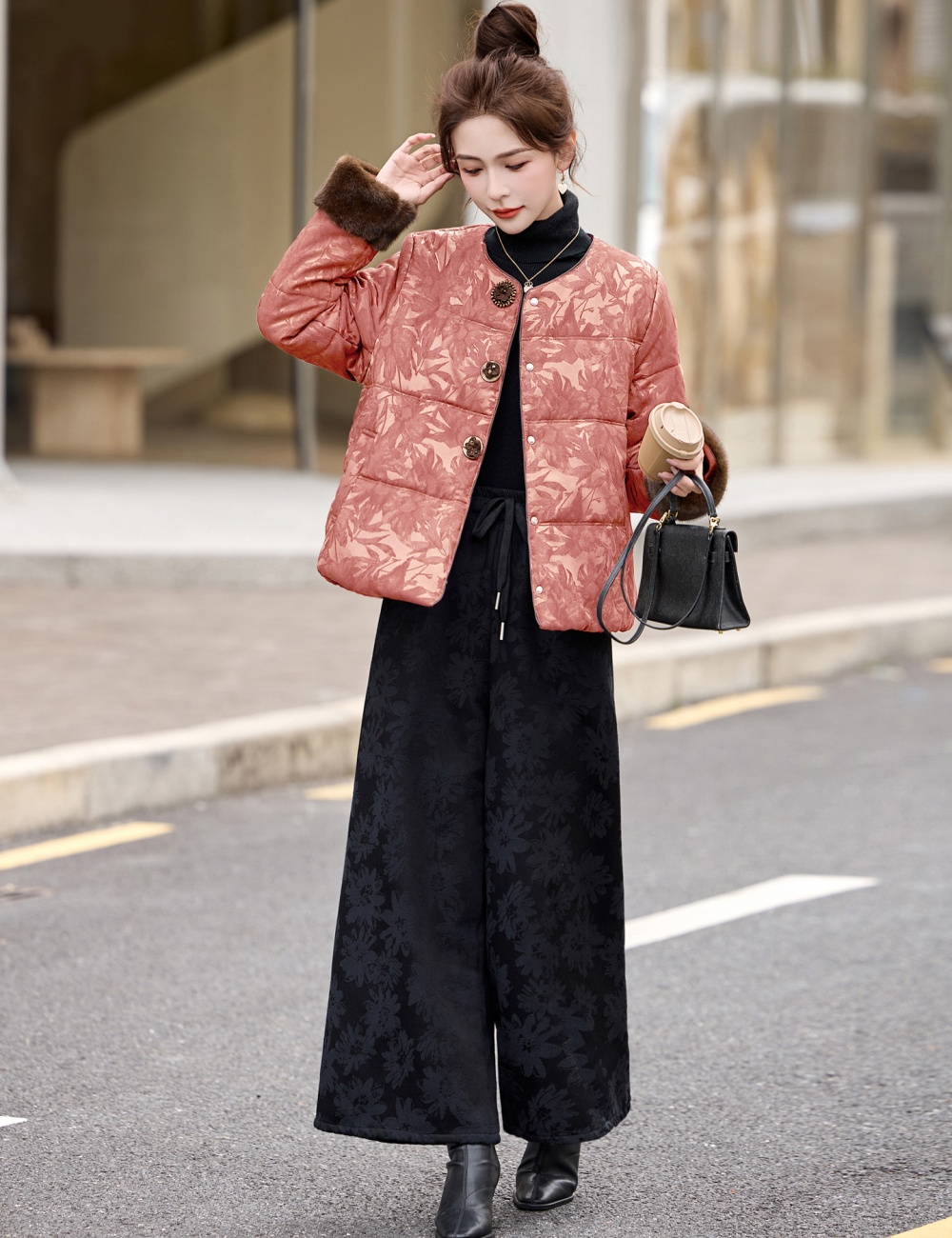 Chinese style down coat wide leg pants a set for women