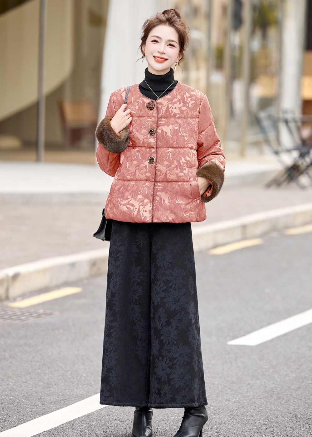 Chinese style down coat wide leg pants a set for women