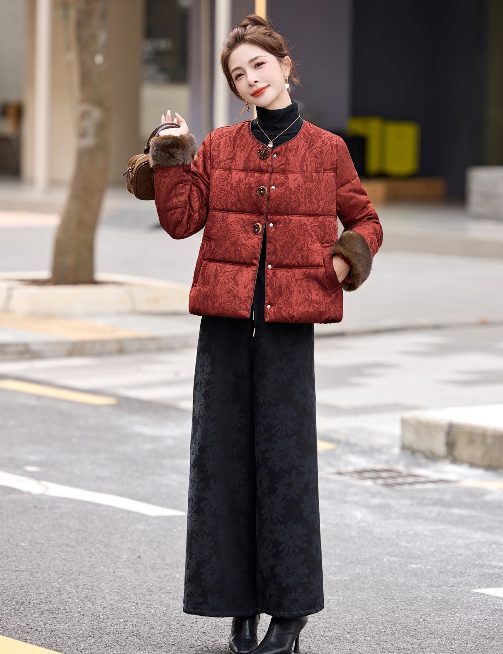 Chinese style down coat wide leg pants a set for women