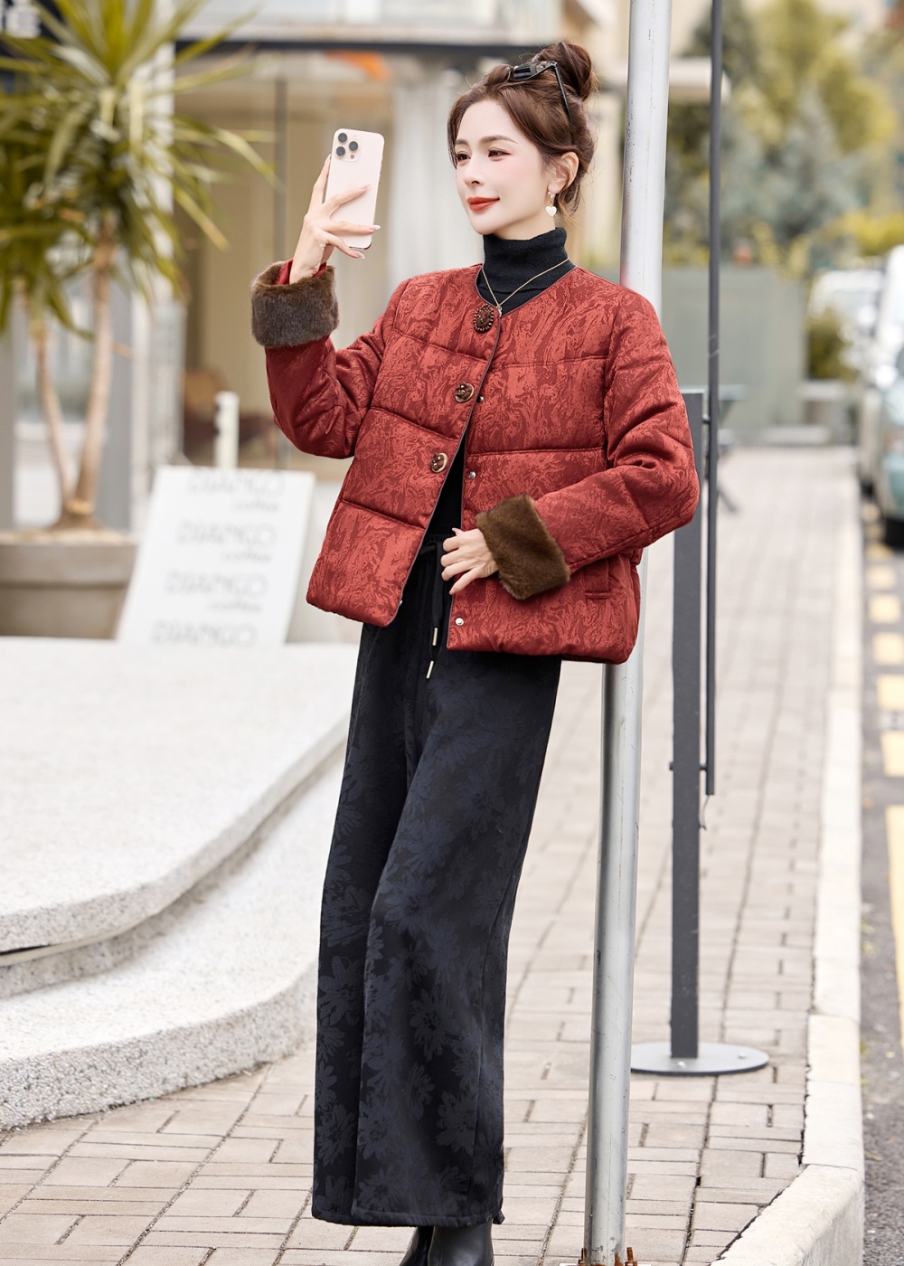 Chinese style down coat wide leg pants a set for women