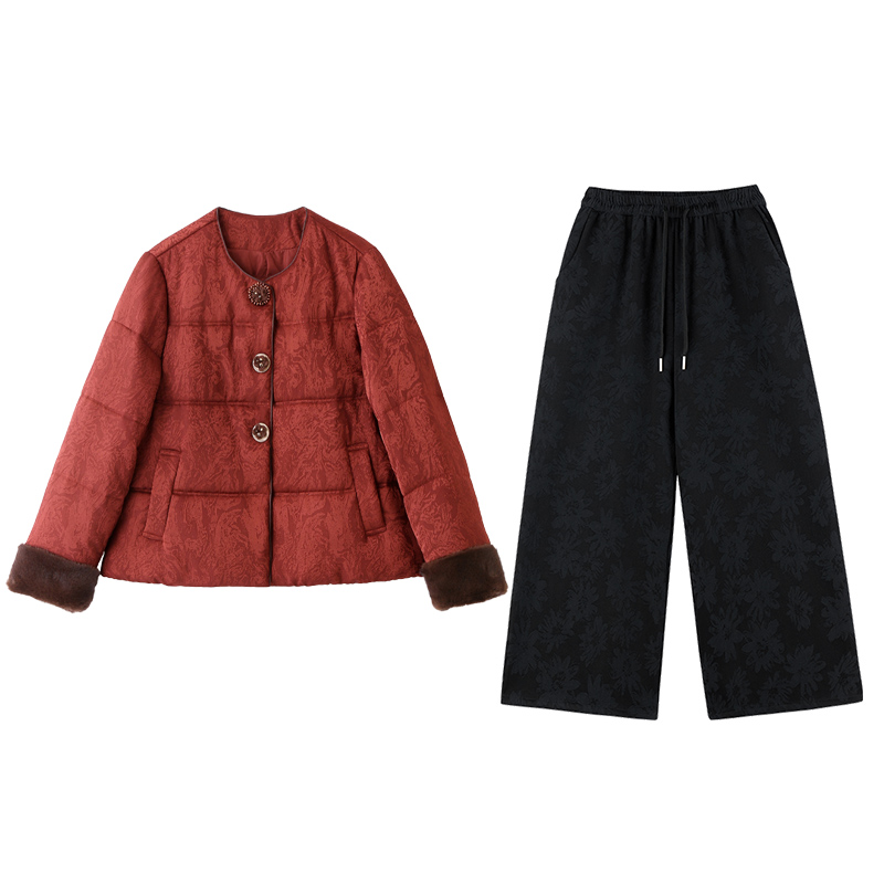 Chinese style down coat wide leg pants a set for women