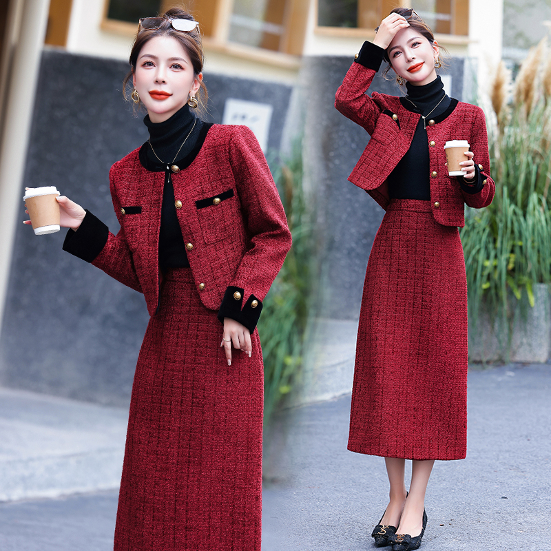 Package hip woolen long skirt 2pcs set for women