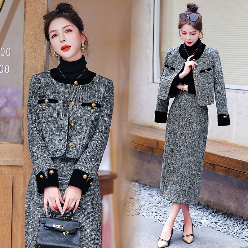 Package hip woolen long skirt 2pcs set for women