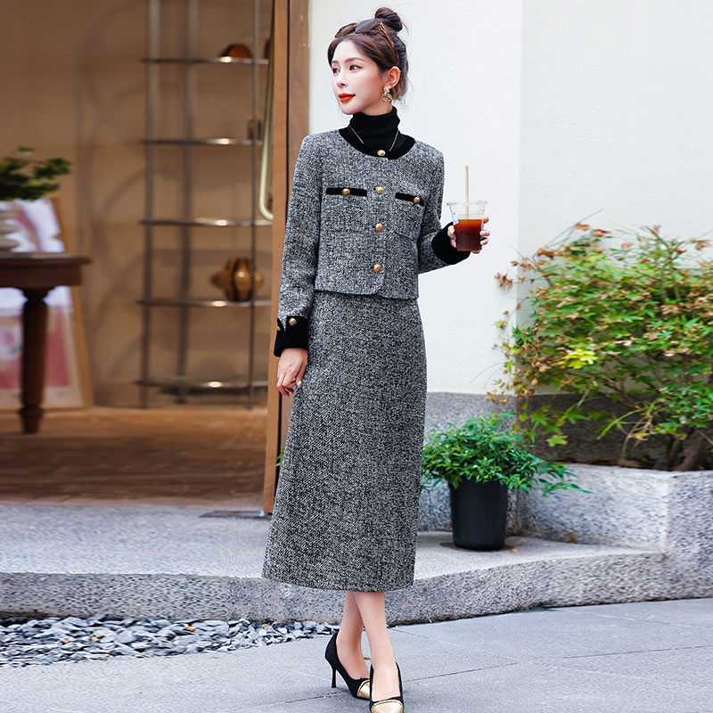 Package hip woolen long skirt 2pcs set for women