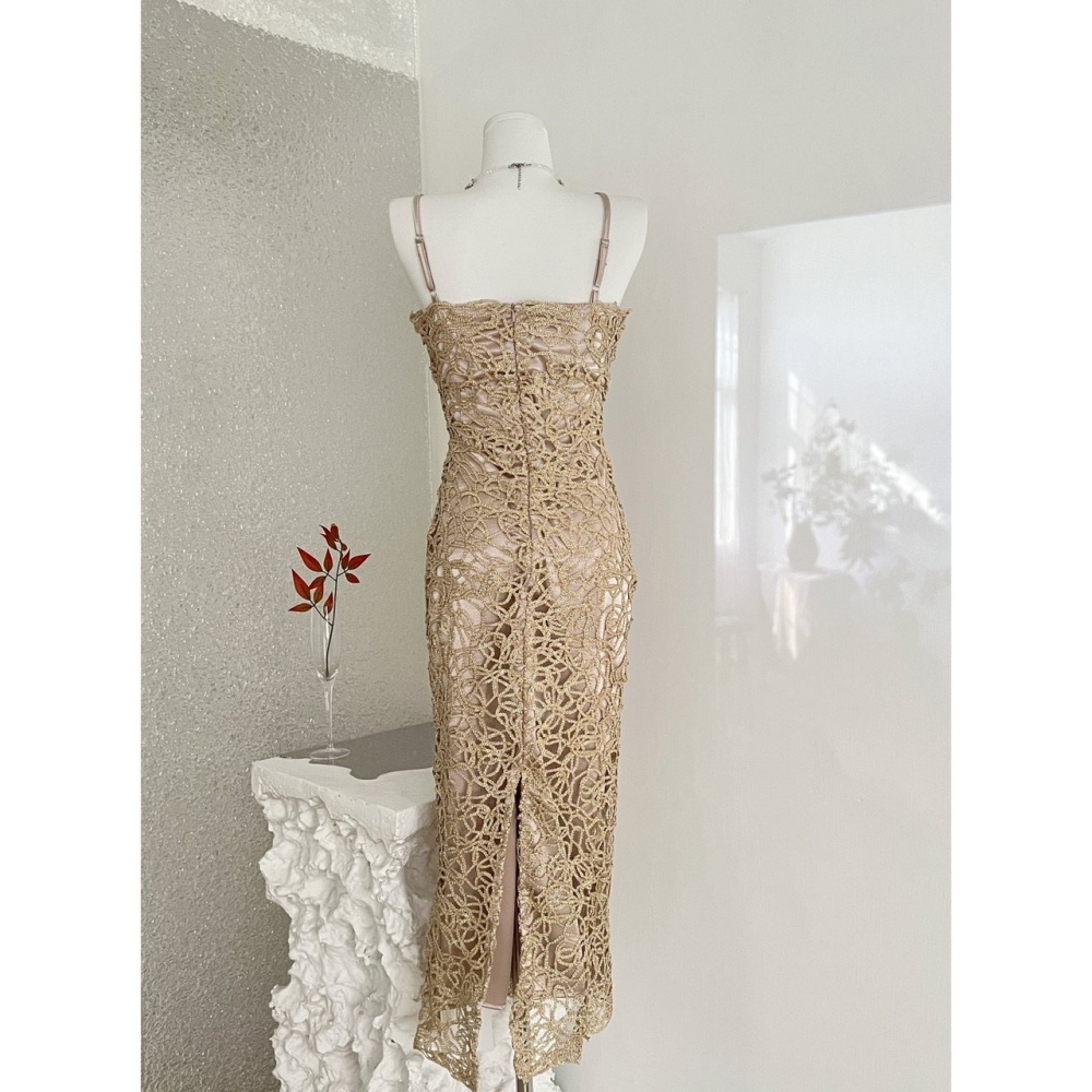 Sling France style formal dress split silver dress for women