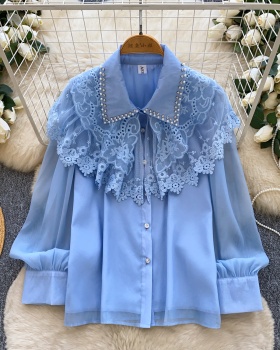 Beading long sleeve splice shirt lace lapel tops for women