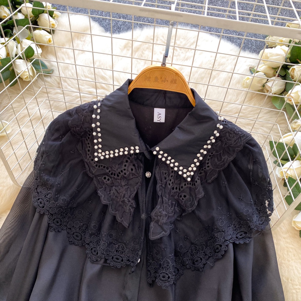 Beading long sleeve splice shirt lace lapel tops for women