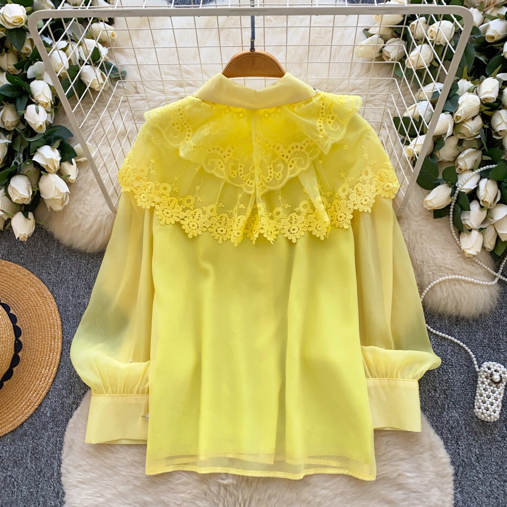 Beading long sleeve splice shirt lace lapel tops for women