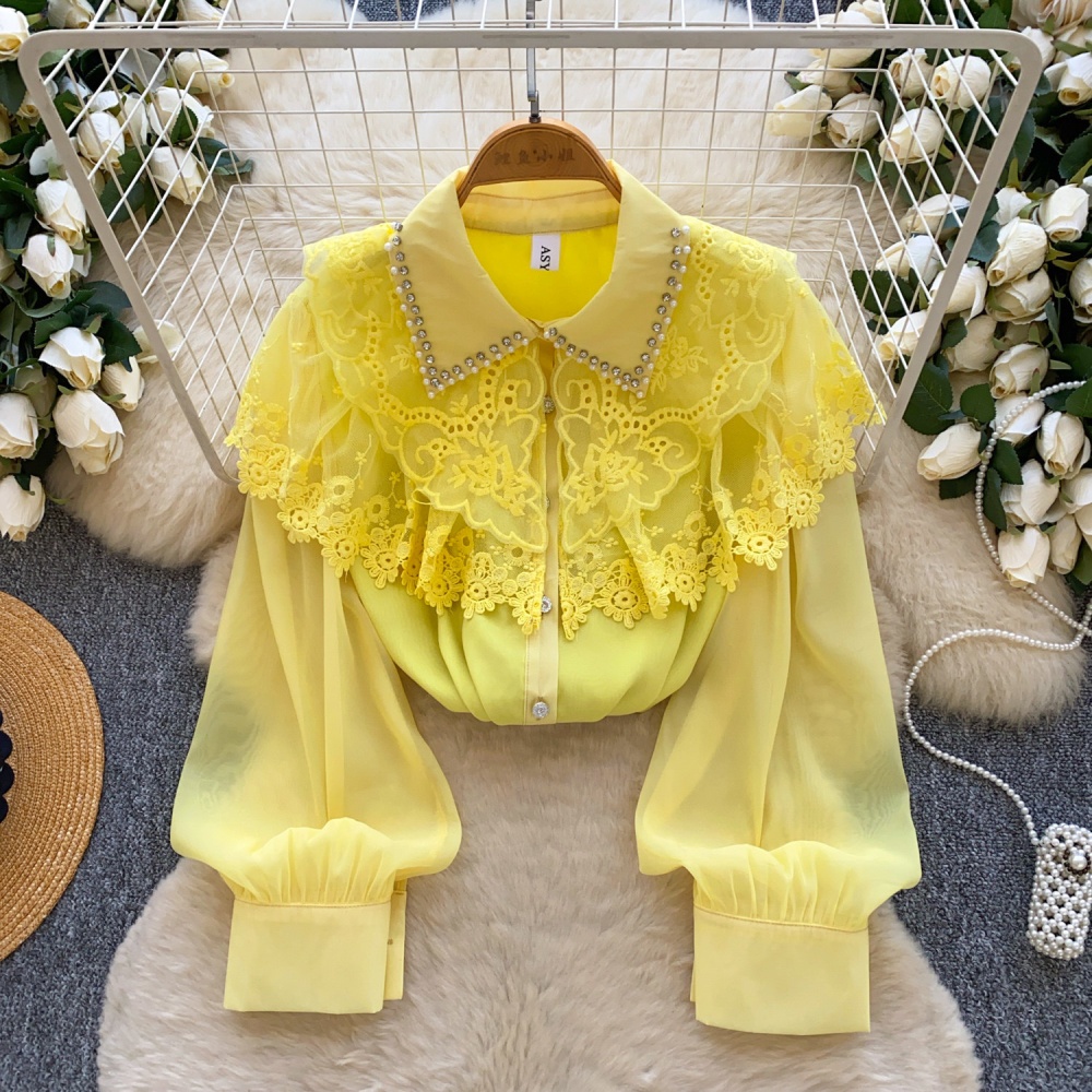 Beading long sleeve splice shirt lace lapel tops for women