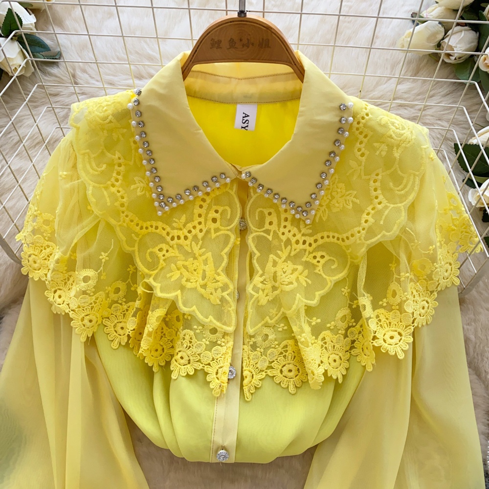 Beading long sleeve splice shirt lace lapel tops for women