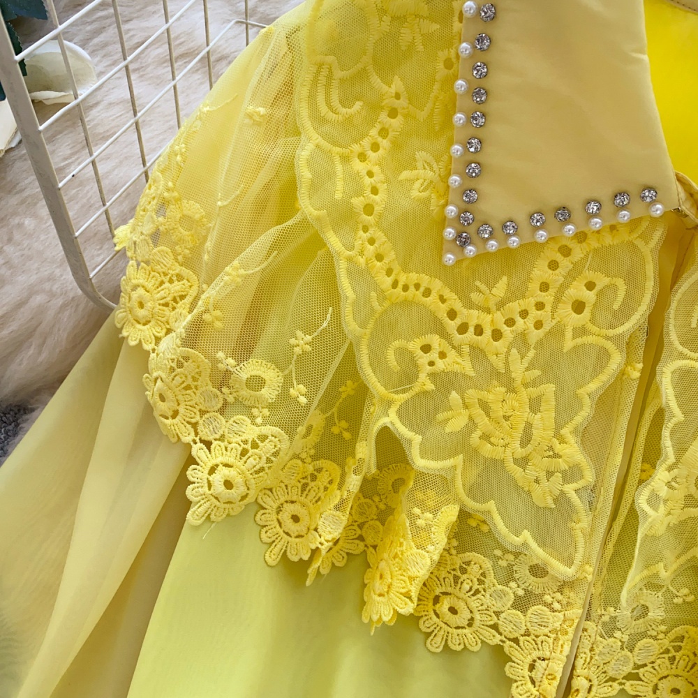 Beading long sleeve splice shirt lace lapel tops for women