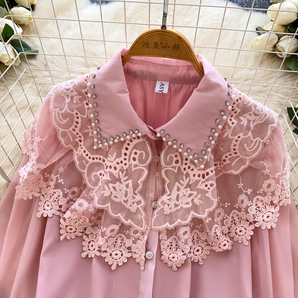 Beading long sleeve splice shirt lace lapel tops for women