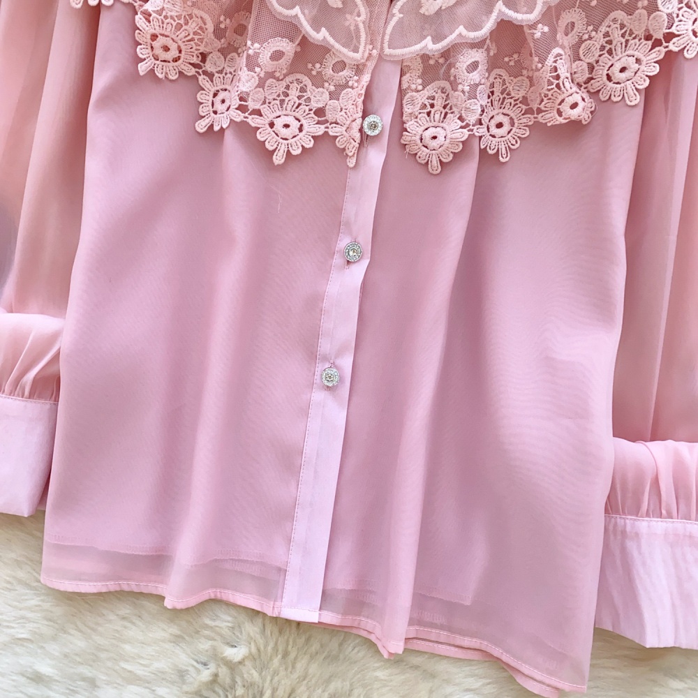 Beading long sleeve splice shirt lace lapel tops for women