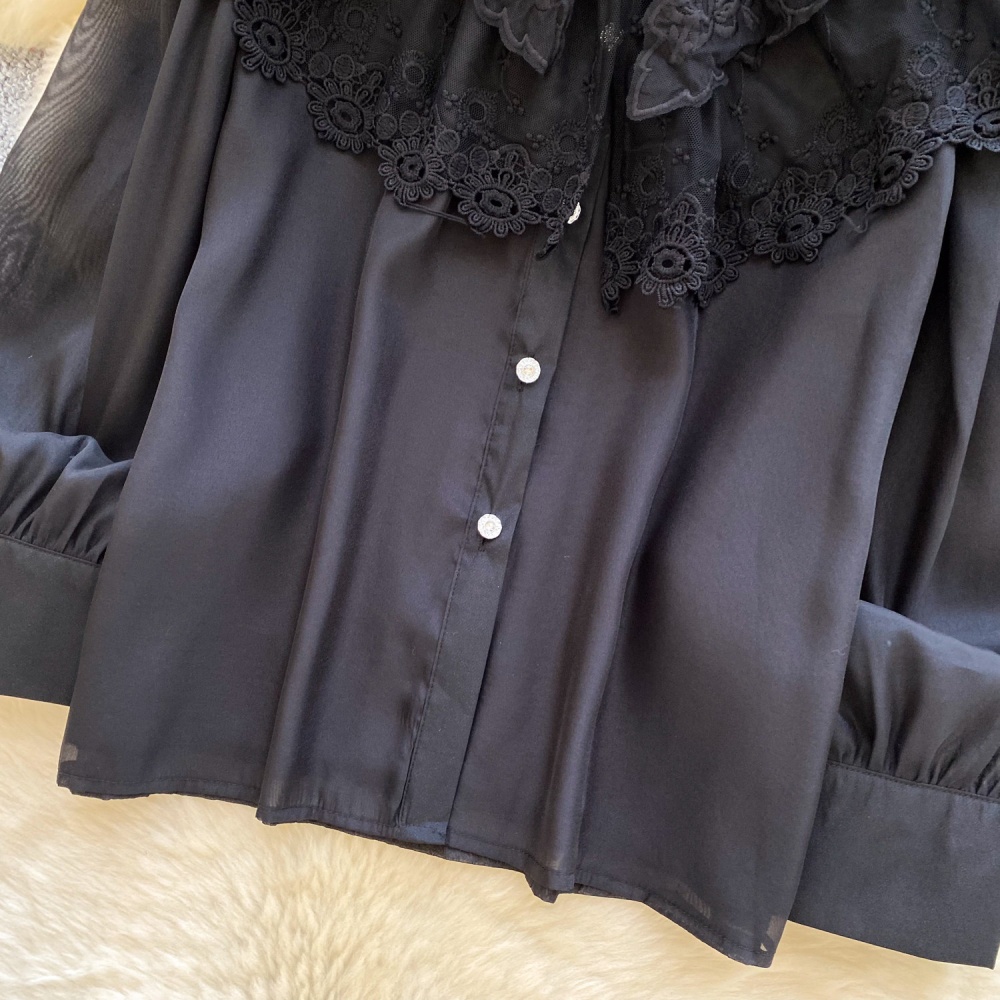 Beading long sleeve splice shirt lace lapel tops for women