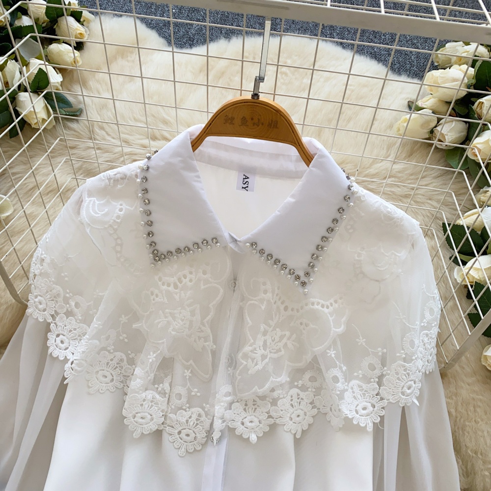 Beading long sleeve splice shirt lace lapel tops for women