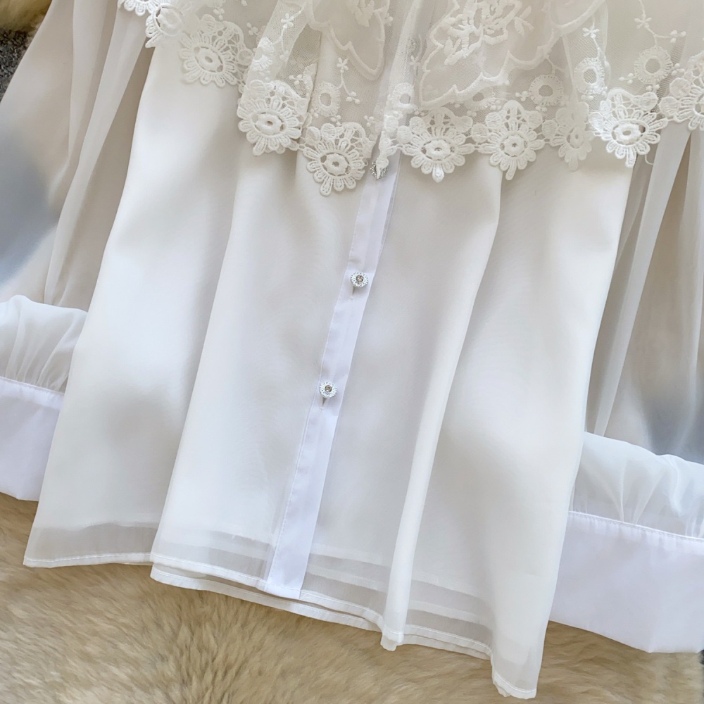 Beading long sleeve splice shirt lace lapel tops for women