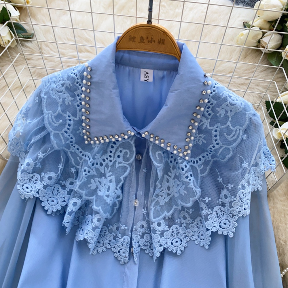Beading long sleeve splice shirt lace lapel tops for women