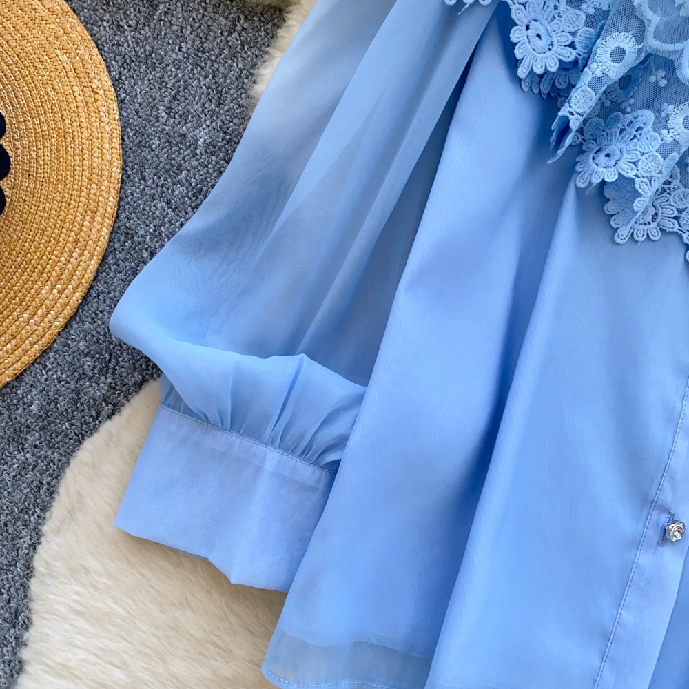 Beading long sleeve splice shirt lace lapel tops for women