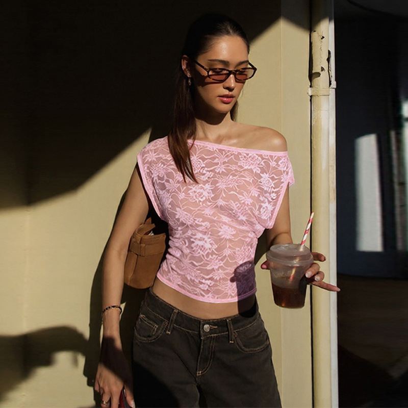 European style perspective lace T-shirt sexy tight tops